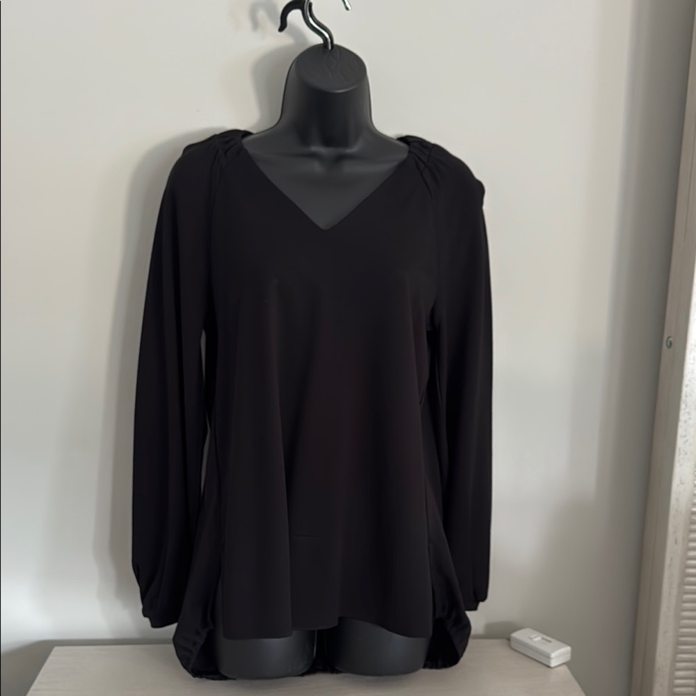 CAbi Black Blouse with V-Neck and Full-Length Sleeves
